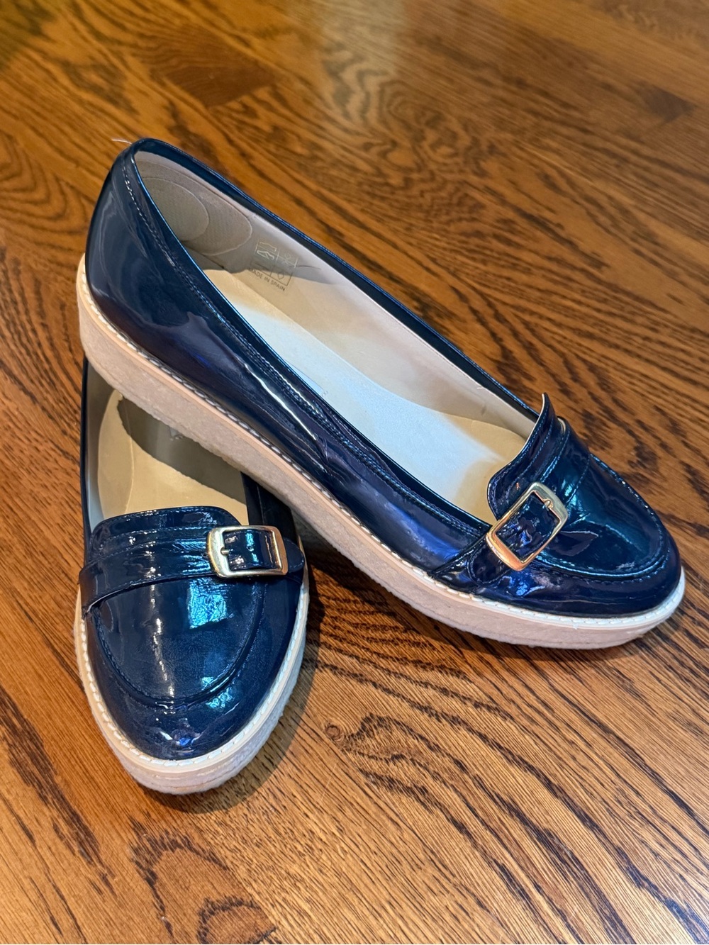 Stella McCartney Patent Navy Loafers with Gold Buckle
